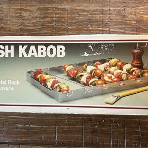 NIB Vintage Shish Kabob Set Folding Metal Rack 6 Skewers